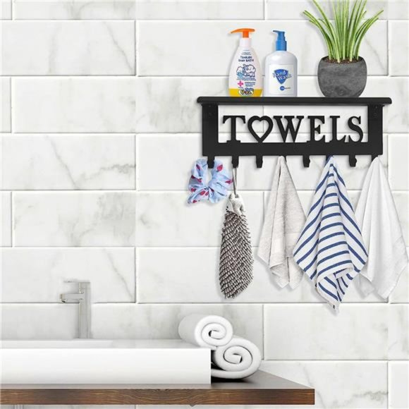 Towel Rack with Metal Shelf  Wall Mounted Towel Holder w/ Hooks (8 Hooks, Black) - Picture 1 of 6